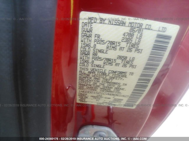 1N6DD21S21C400642 - 2001 NISSAN FRONTIER XE RED photo 9