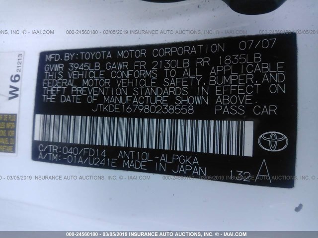 JTKDE167980238558 - 2008 TOYOTA SCION TC WHITE photo 9