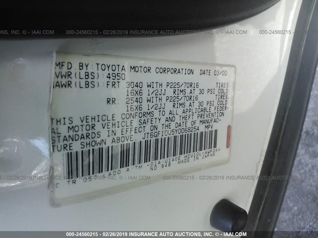 JT6GF10U5Y0068254 - 2000 LEXUS RX 300 WHITE photo 9