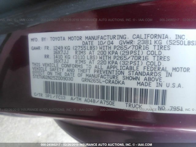 5TETU62N25Z009030 - 2005 TOYOTA TACOMA PRERUNNER ACCESS CAB RED photo 9