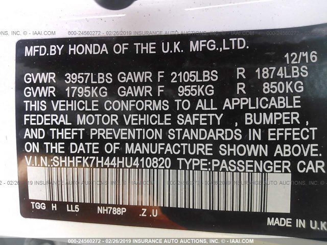 SHHFK7H44HU410820 - 2017 HONDA CIVIC SPORT Weiß Foto 9