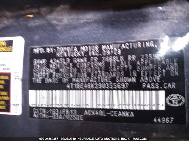 4T1BE46K29U355697 - 2009 TOYOTA CAMRY SE/LE/XLE GRAY photo 9