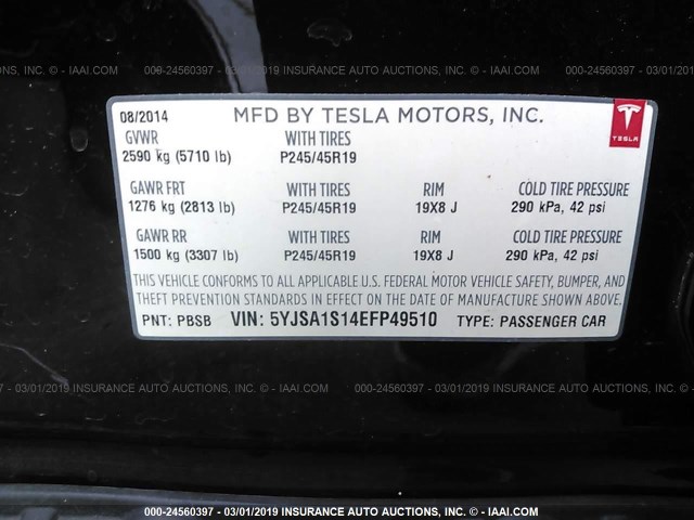 5YJSA1S14EFP49510 - 2014 TESLA MODEL S BLACK photo 9