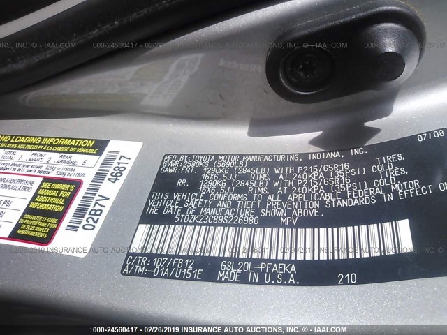 5TDZK23C89S226980 - 2009 TOYOTA SIENNA CE/LE SILVER photo 9