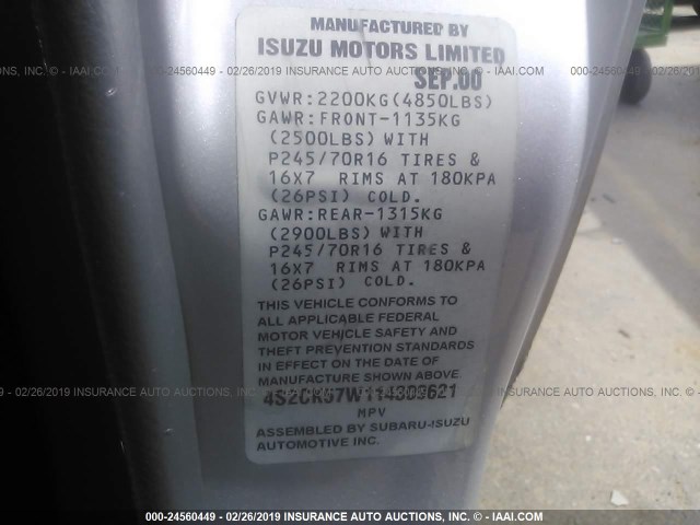 4S2CK57W114309621 - 2001 ISUZU RODEO SPORT GRAY photo 9