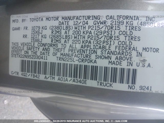 5TETX22N95Z030411 - 2005 TOYOTA TACOMA ACCESS CAB ოქროსფერი ფოტო 9