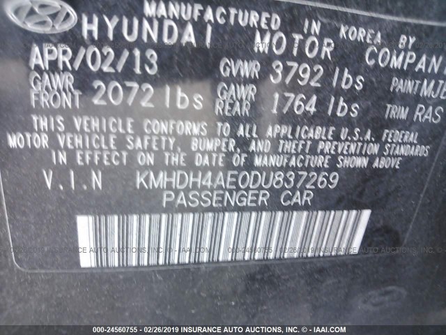 KMHDH4AE0DU837269 - 2013 HYUNDAI ELANTRA GLS/LIMITED BLACK photo 9