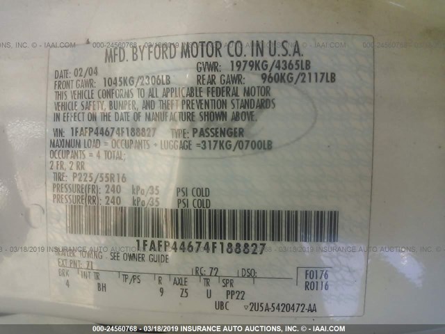 1FAFP44674F188827 - 2004 FORD MUSTANG 白色 照片 9