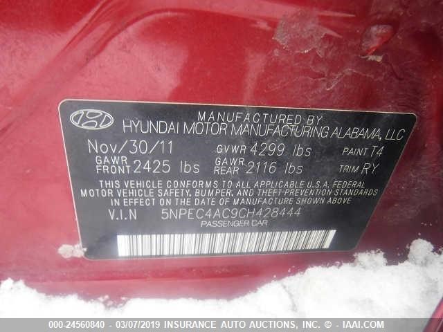 5NPEC4AC9CH428444 - 2012 HYUNDAI SONATA SE/LIMITED RED photo 9