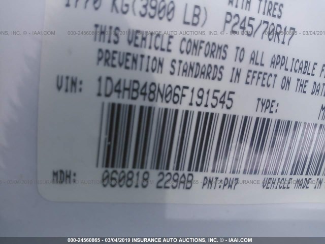 1D4HB48N06F191545 - 2006 DODGE DURANGO SLT WHITE photo 9