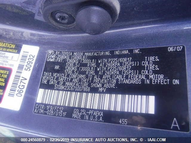 5TDBK23C67S007868 - 2007 TOYOTA SIENNA LE GRAY photo 9