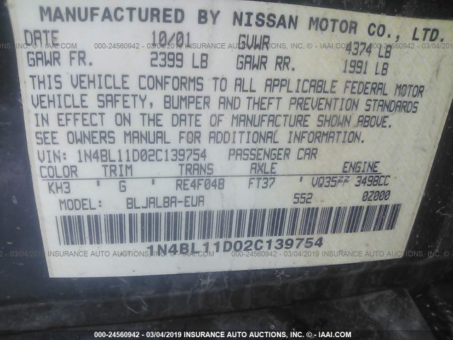 1N4BL11D02C139754 - 2002 NISSAN ALTIMA SE BLACK photo 9