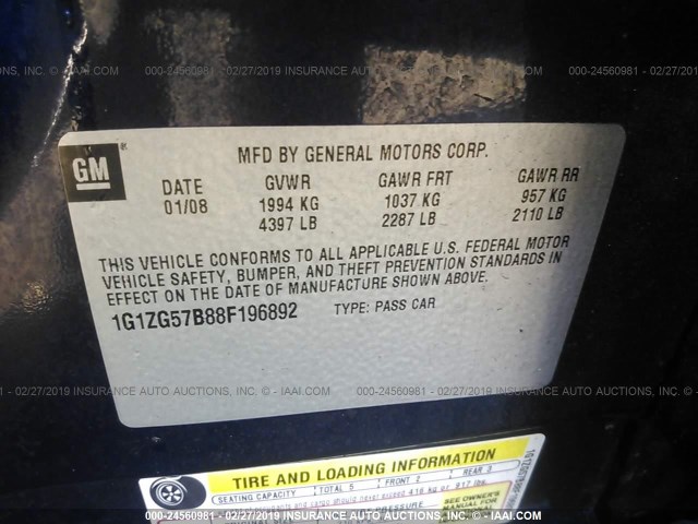 1G1ZG57B88F196892 - 2008 CHEVROLET MALIBU LS BLUE photo 9