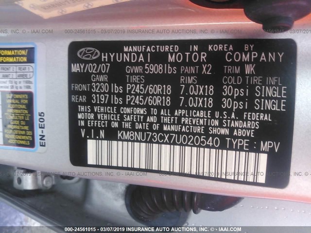 KM8NU73CX7U020540 - 2007 HYUNDAI VERACRUZ GLS/SE/LIMITED SILVER photo 9