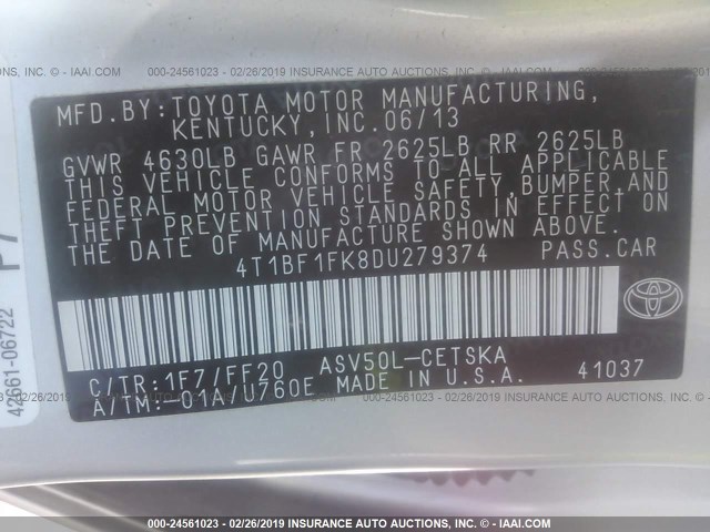 4T1BF1FK8DU279374 - 2013 TOYOTA CAMRY L/SE/LE/XLE 银色 照片 9