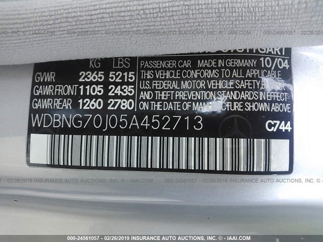WDBNG70J05A452713 - 2005 MERCEDES-BENZ S 430 SILVER photo 9