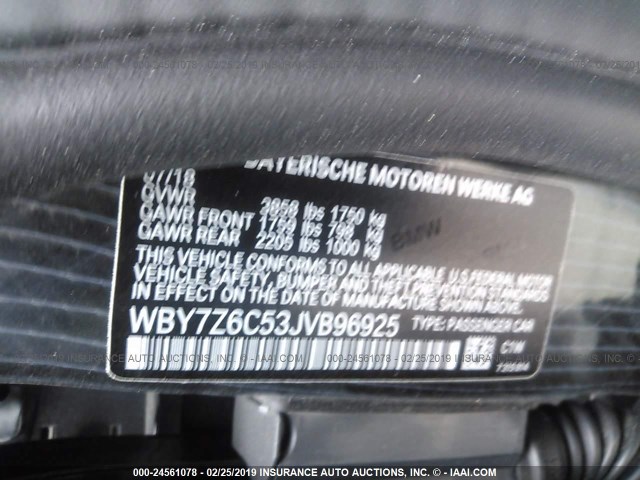 WBY7Z6C53JVB96925 - 2018 BMW I3 BEV/S GRAY photo 9