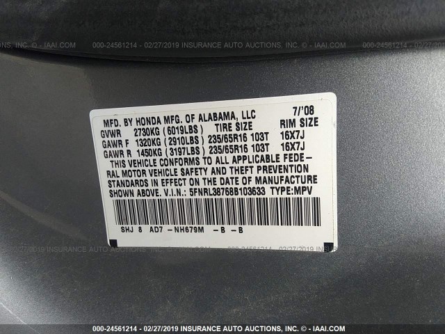 5FNRL38768B103633 - 2008 HONDA ODYSSEY EXL GRAY photo 9