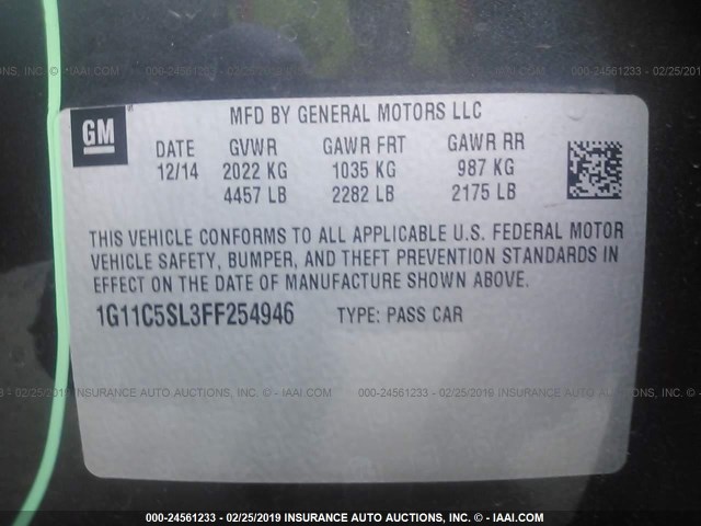 1G11C5SL3FF254946 - 2015 CHEVROLET MALIBU 1LT 黑色 照片 9