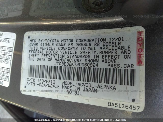 JTDBE32K720060824 - 2002 TOYOTA CAMRY LE/XLE/SE GRAY photo 9