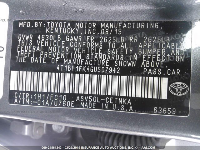 4T1BF1FK4GU507942 - 2016 TOYOTA CAMRY LE/XLE/SE/XSE ნაცრისფერი ფოტო 9