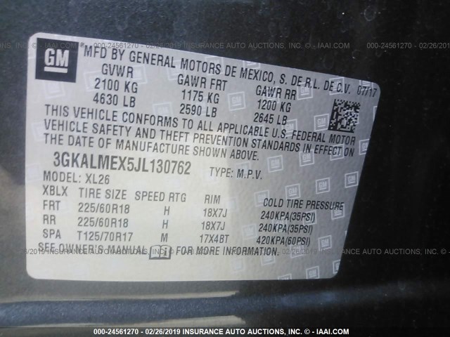 3GKALMEX5JL130762 - 2018 GMC TERRAIN SLE GRAY photo 9