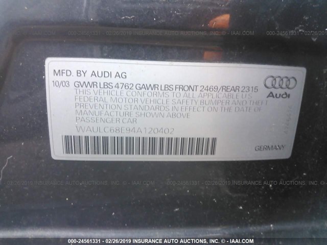 WAULC68E94A120402 - 2004 AUDI A4 1.8T QUATTRO GRAY photo 9