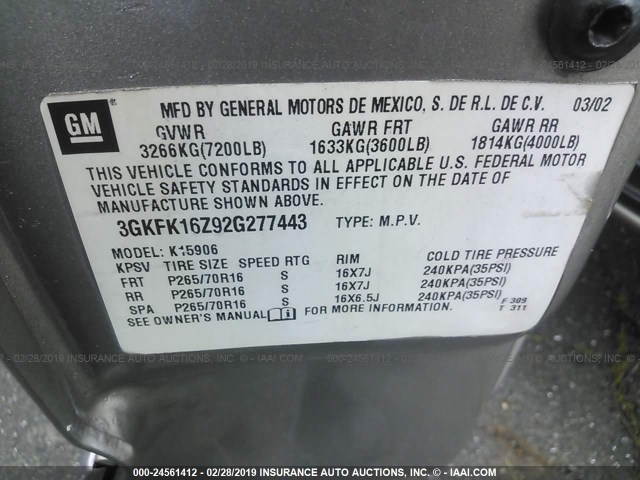 3GKFK16Z92G277443 - 2002 GMC YUKON XL K1500 GRAY photo 9