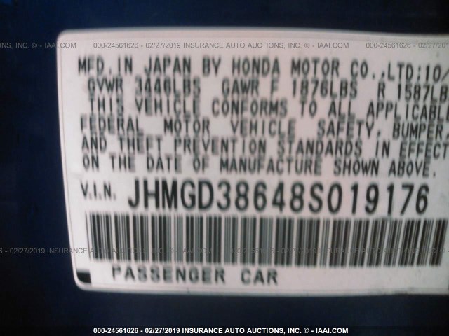 JHMGD38648S019176 - 2008 HONDA FIT SPORT BLUE photo 9