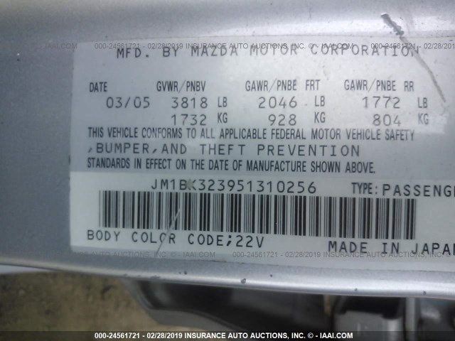 JM1BK323951310256 - 2005 MAZDA 3 S SILVER photo 9