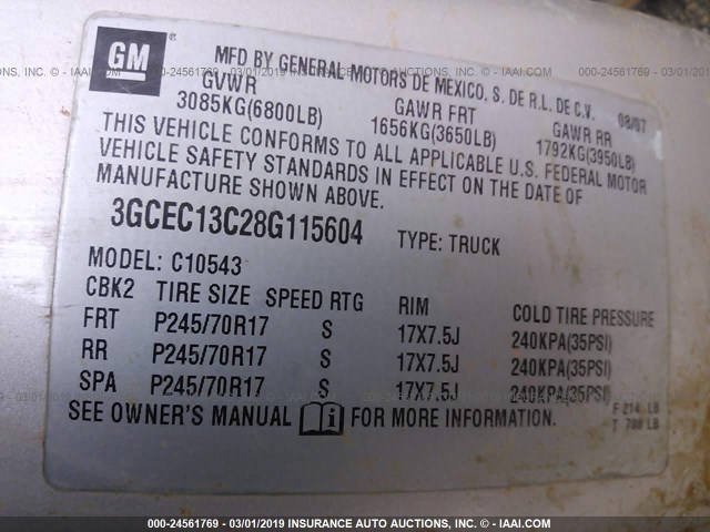 3GCEC13C28G115604 - 2008 CHEVROLET SILVERADO C1500 GRAY photo 9