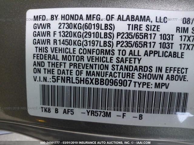 5FNRL5H6XBB096907 - 2011 HONDA ODYSSEY EXL GOLD photo 9