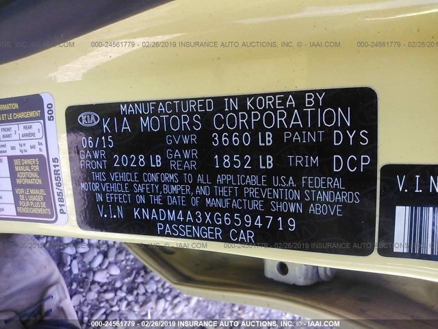 KNADM4A3XG6594719 - 2016 KIA RIO LX YELLOW photo 9