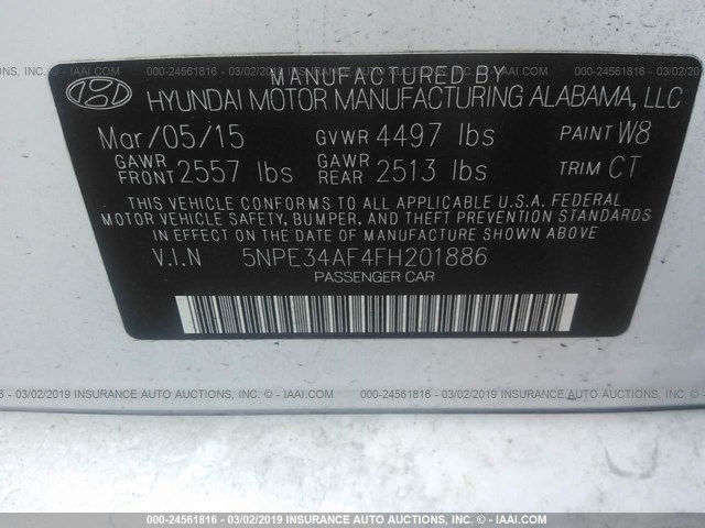 5NPE34AF4FH201886 - 2015 HYUNDAI SONATA SPORT/LIMITED WHITE photo 9