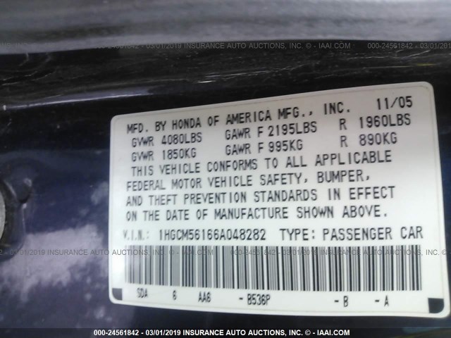 1HGCM56166A048282 - 2006 HONDA ACCORD VALUE BLUE photo 9