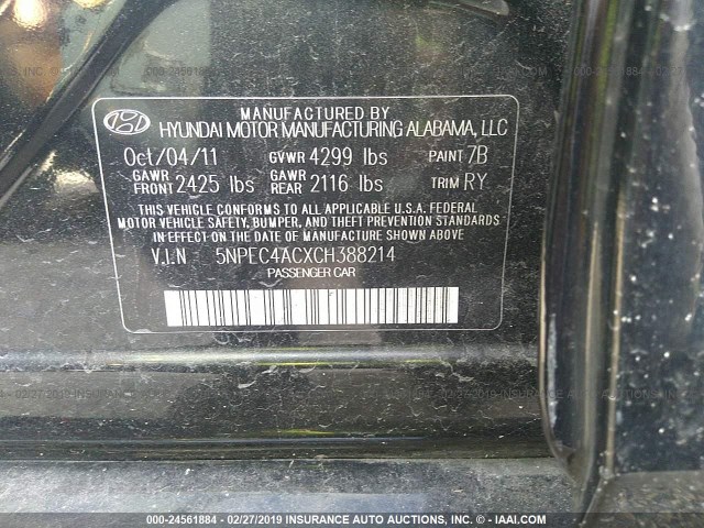 5NPEC4ACXCH388214 - 2012 HYUNDAI SONATA SE/LIMITED BLACK photo 9