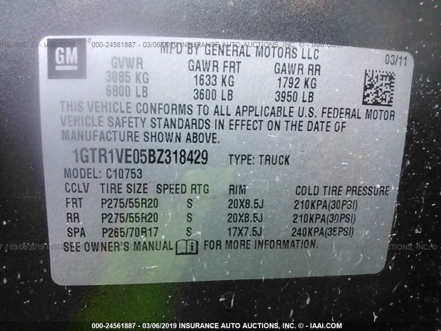 1GTR1VE05BZ318429 - 2011 GMC SIERRA C1500 SLE GRAY photo 9