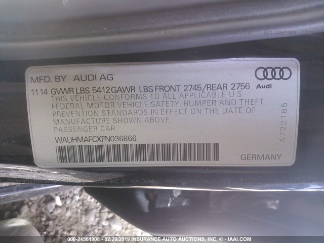 WAUHMAFCXFN036866 - 2015 AUDI A6 PRESTIGE BLUE photo 9