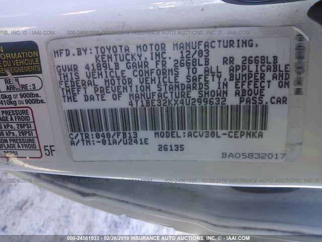 4T1BE32KX4U299632 - 2004 TOYOTA CAMRY LE/XLE/SE WHITE photo 9