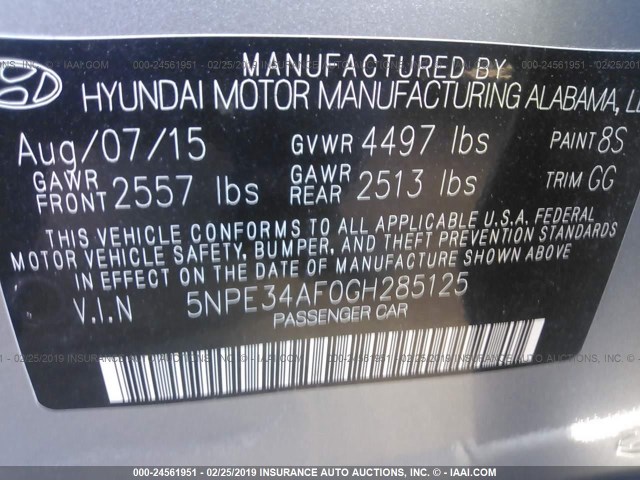 5NPE34AF0GH285125 - 2016 HYUNDAI SONATA SPORT/LIMITED GRAY photo 9