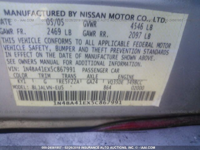 1N4BA41EX5C867991 - 2005 NISSAN MAXIMA SE/SL SILVER photo 9