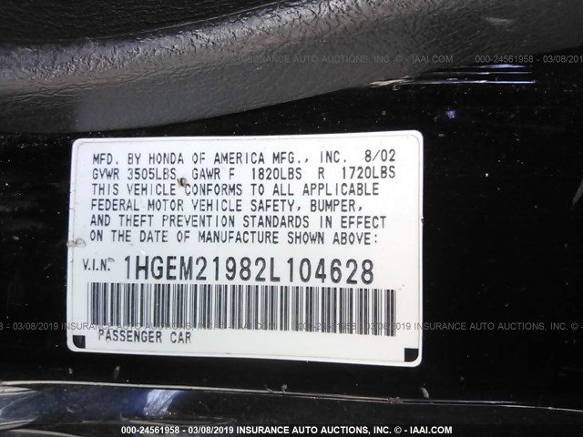 1HGEM21982L104628 - 2002 HONDA CIVIC EX BLACK photo 9