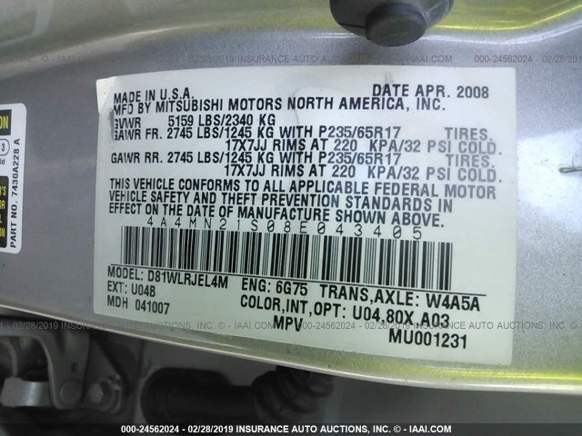 4A4MN21S08E043405 - 2008 MITSUBISHI ENDEAVOR LS SILVER photo 9