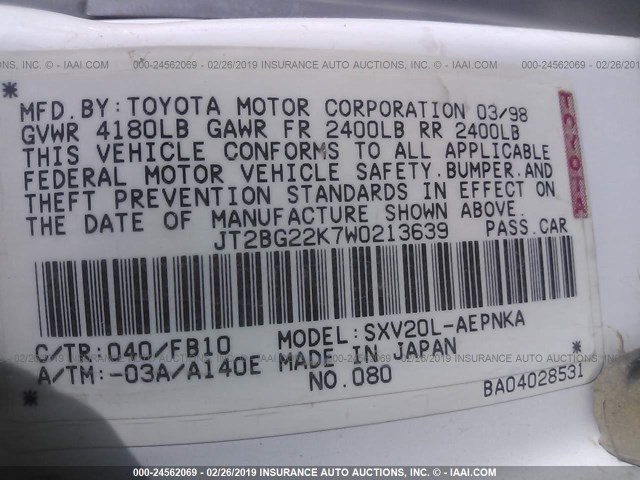 JT2BG22K7W0213639 - 1998 TOYOTA CAMRY CE/LE/XLE 白色 照片 9