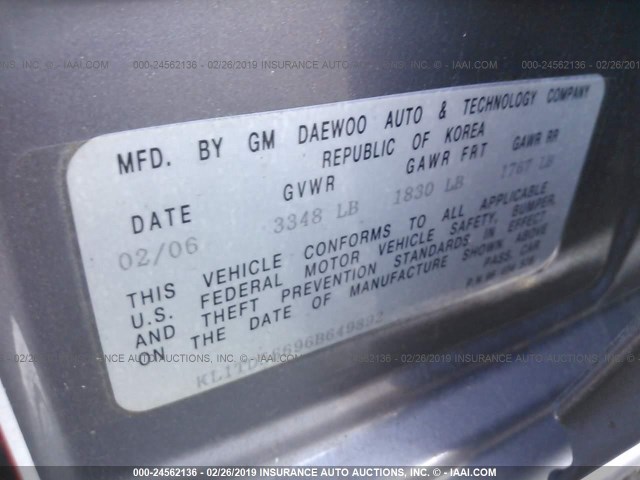 KL1TD56696B649892 - 2006 CHEVROLET AVEO LS GRAY photo 9