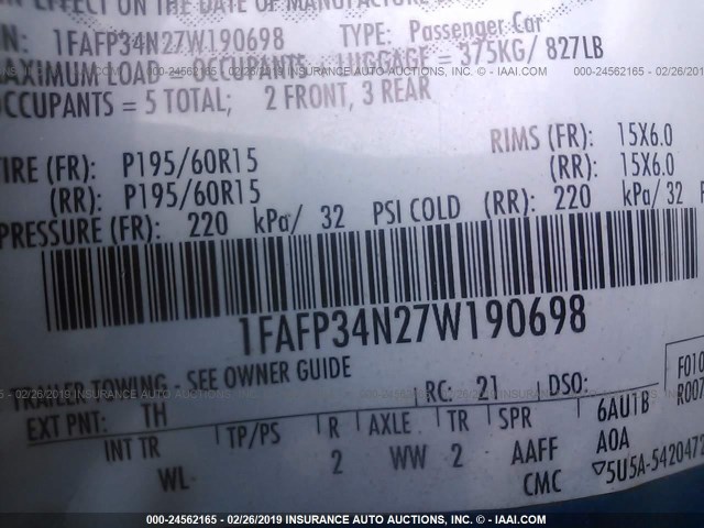 1FAFP34N27W190698 - 2007 FORD FOCUS ZX4/S/SE/SES ლურჯი ფოტო 9