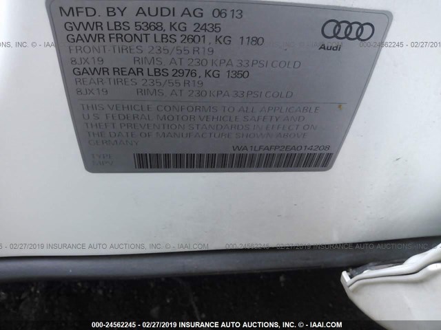 WA1LFAFP2EA014208 - 2014 AUDI Q5 PREMIUM PLUS WHITE photo 9