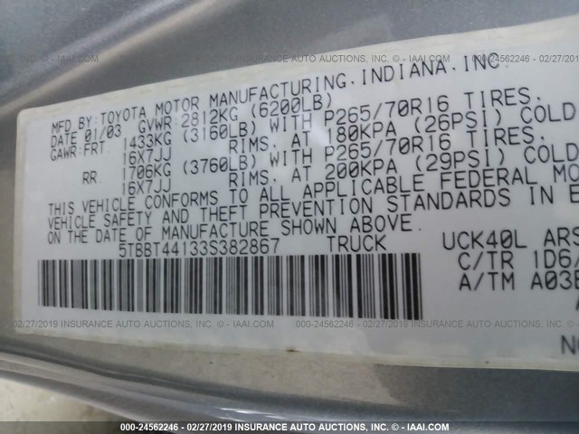 5TBBT44133S382867 - 2003 TOYOTA TUNDRA ACCESS CAB SR5 SILVER photo 9