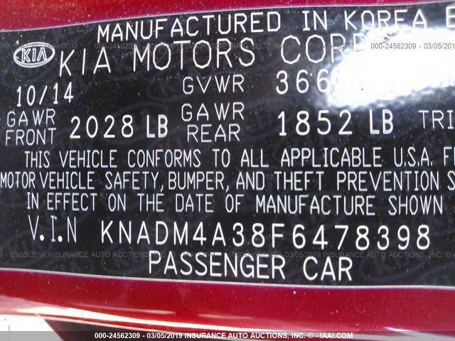 KNADM4A38F6478398 - 2015 KIA RIO LX RED photo 9