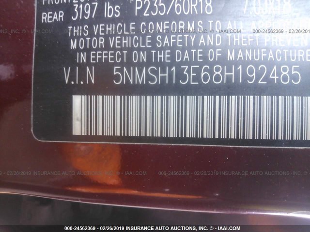 5NMSH13E68H192485 - 2008 HYUNDAI SANTA FE SE/LIMITED RED photo 9